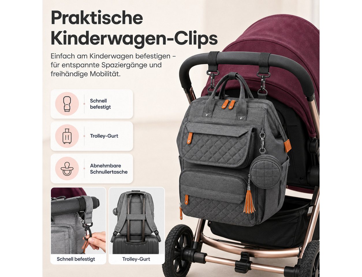 nsihing Wickelrucksack Wickelrucksack Baby, Multifunktionale Wickeltasche mit Zubehör, Mit Wickelunterlage, Abnehmbarer Schnullerbox & Kinderwagenhalterung