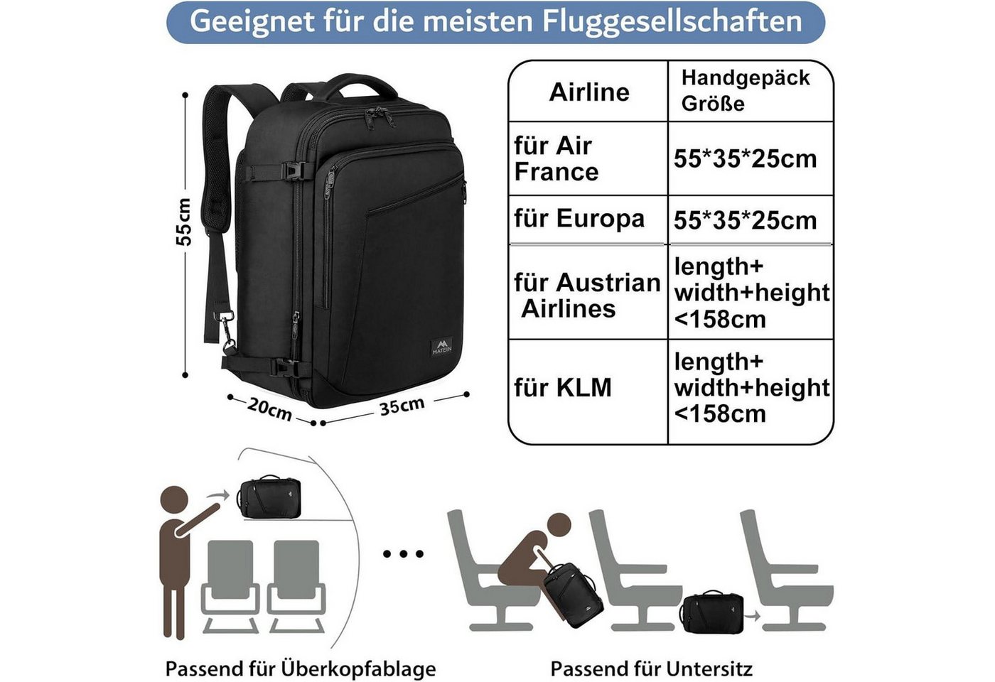 LuxusKollektion Handgepäckkoffer Reiserucksack 50L Handgepäck Erweiterbar Air France 55x35x25cm Schwarz Bild 4