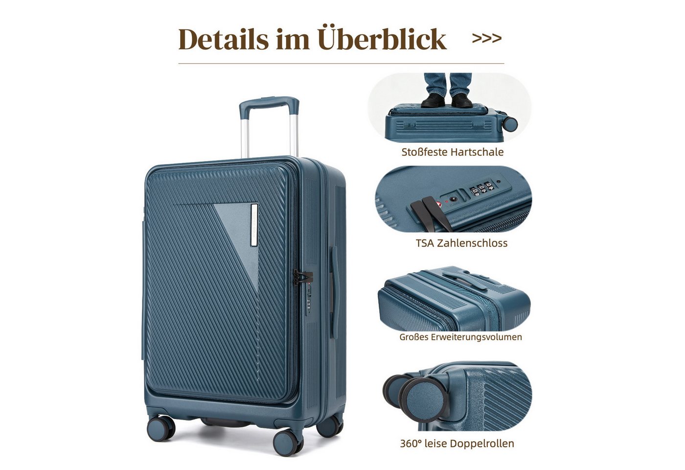Super Solu Hartschalen-Trolley Erweiterbarer Reisekoffer mit Frontöffnung, Hartschalenkoffer 100% PC, 4 Rollen, Koffer Set 3-tlg. 20+24+28 Zoll, Stoßfest, TSA, Blau
