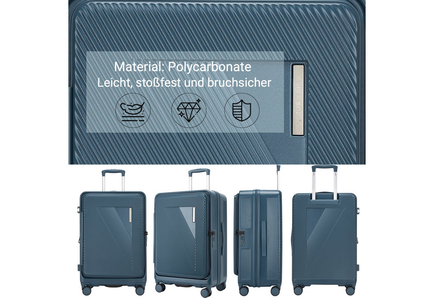 Super Solu Hartschalen-Trolley Erweiterbarer Reisekoffer mit Frontöffnung, Hartschalenkoffer 100% PC, 4 Rollen, Koffer Set 3-tlg. 20+24+28 Zoll, Stoßfest, TSA, Blau Bild 2