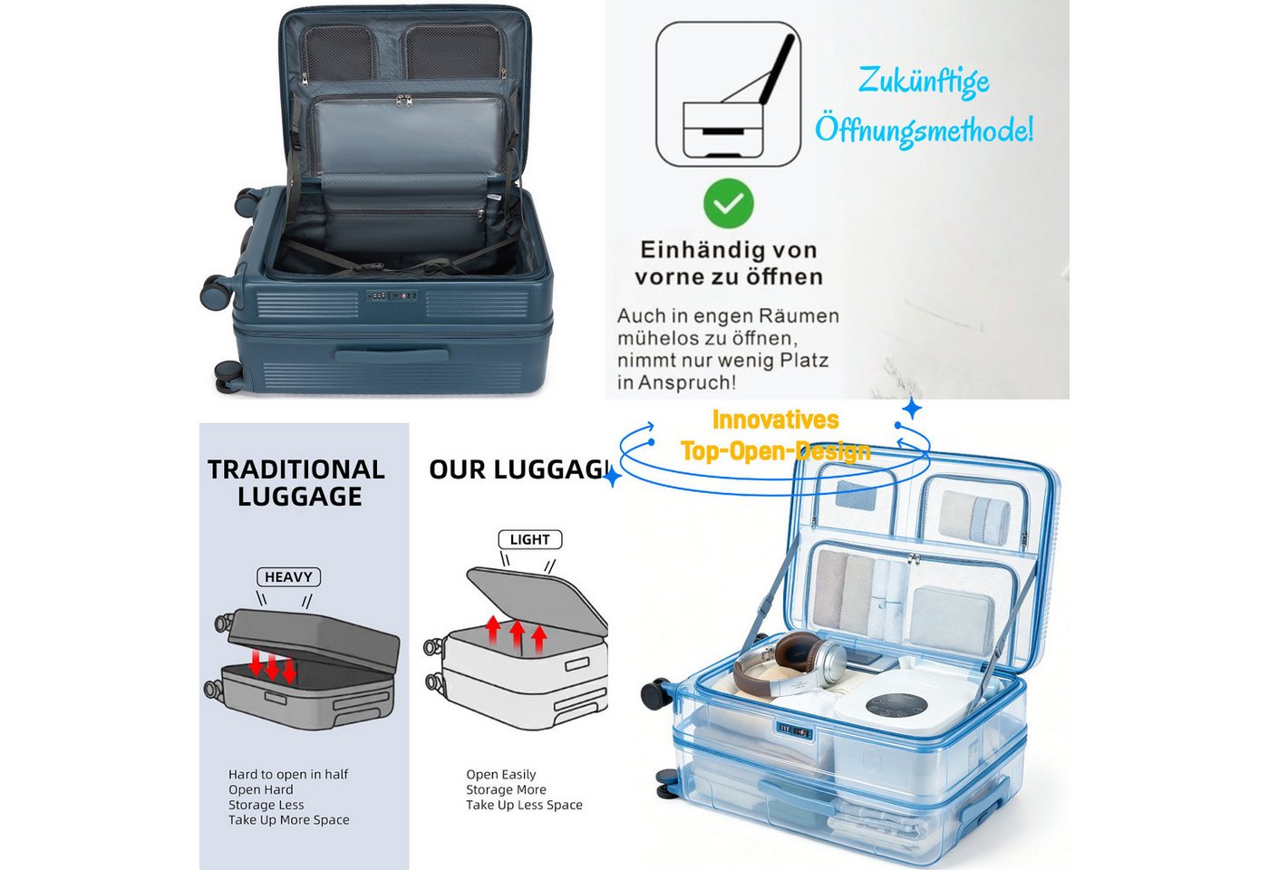Super Solu Hartschalen-Trolley Erweiterbarer Reisekoffer mit Frontöffnung, Hartschalenkoffer 100% PC, 4 Rollen, Koffer Set 3-tlg. 20+24+28 Zoll, Stoßfest, TSA, Blau Bild 3