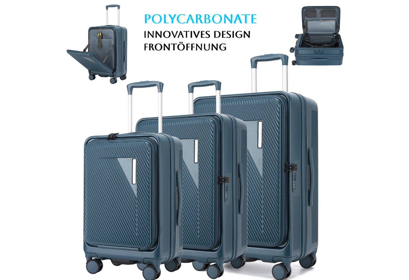Super Solu Hartschalen-Trolley Erweiterbarer Reisekoffer mit Frontöffnung, Hartschalenkoffer 100% PC, 4 Rollen, Koffer Set 3-tlg. 20+24+28 Zoll, Stoßfest, TSA, Blau Bild 5