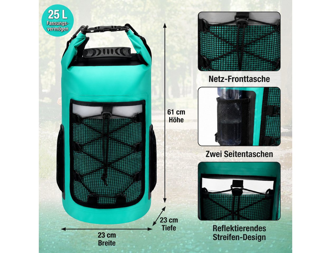 Diwzbyn Reiserucksack Dry Bag 25L Wasserdicht, PVC Rucksack für Outdoor & Wassersport, Rollverschluss, Trockensack für Schwimmen, Strand, Camping & Rafting