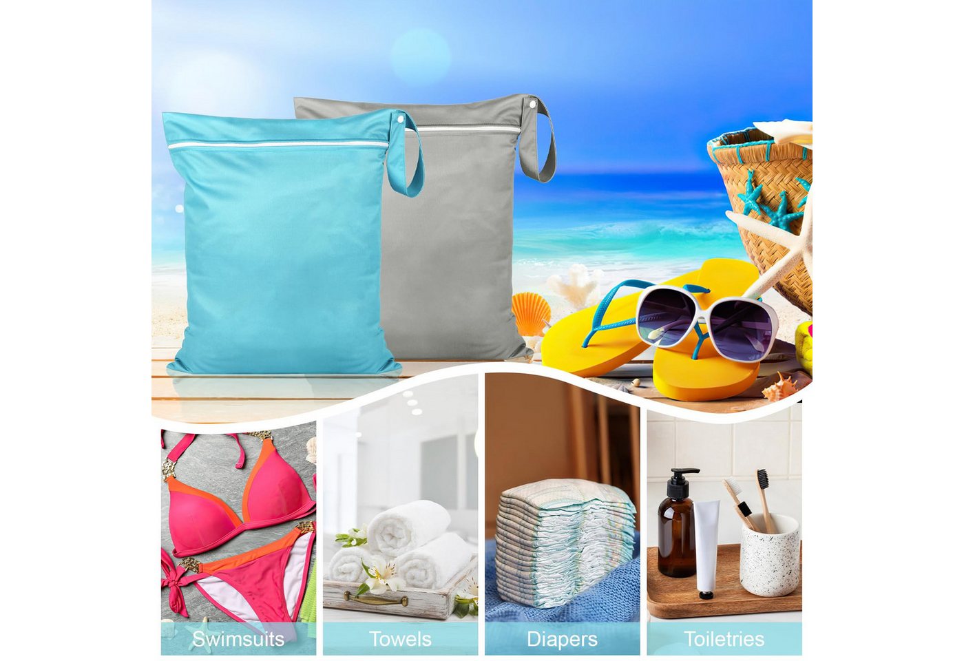 FOUORTUNATE-BEE Wickeltasche 2er Set Wasserdichte Nasstaschen 40x30 cm mit Reißverschluss, Für Reise, Schwimmbad, Windeln, Badebekleidung und Wäsche Bild 2