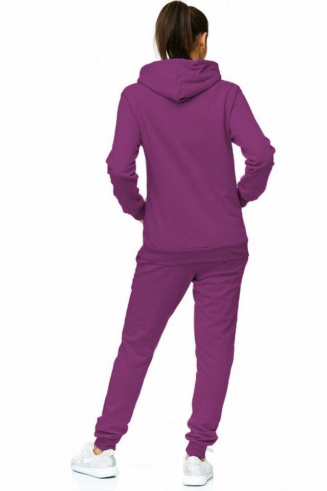 L.gonline Freizeitanzug Damen Jogginganzug einfarbig 100% Baumwolle 586 Lila XXL (Kapuzenjacke mit Reißverschluss, Hose, 2-tlg), Fitness Freizeit Casual