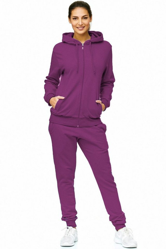L.gonline Freizeitanzug Damen Jogginganzug einfarbig 100% Baumwolle 586 Lila XXL (Kapuzenjacke mit Reißverschluss, Hose, 2-tlg), Fitness Freizeit Casual Bild 2