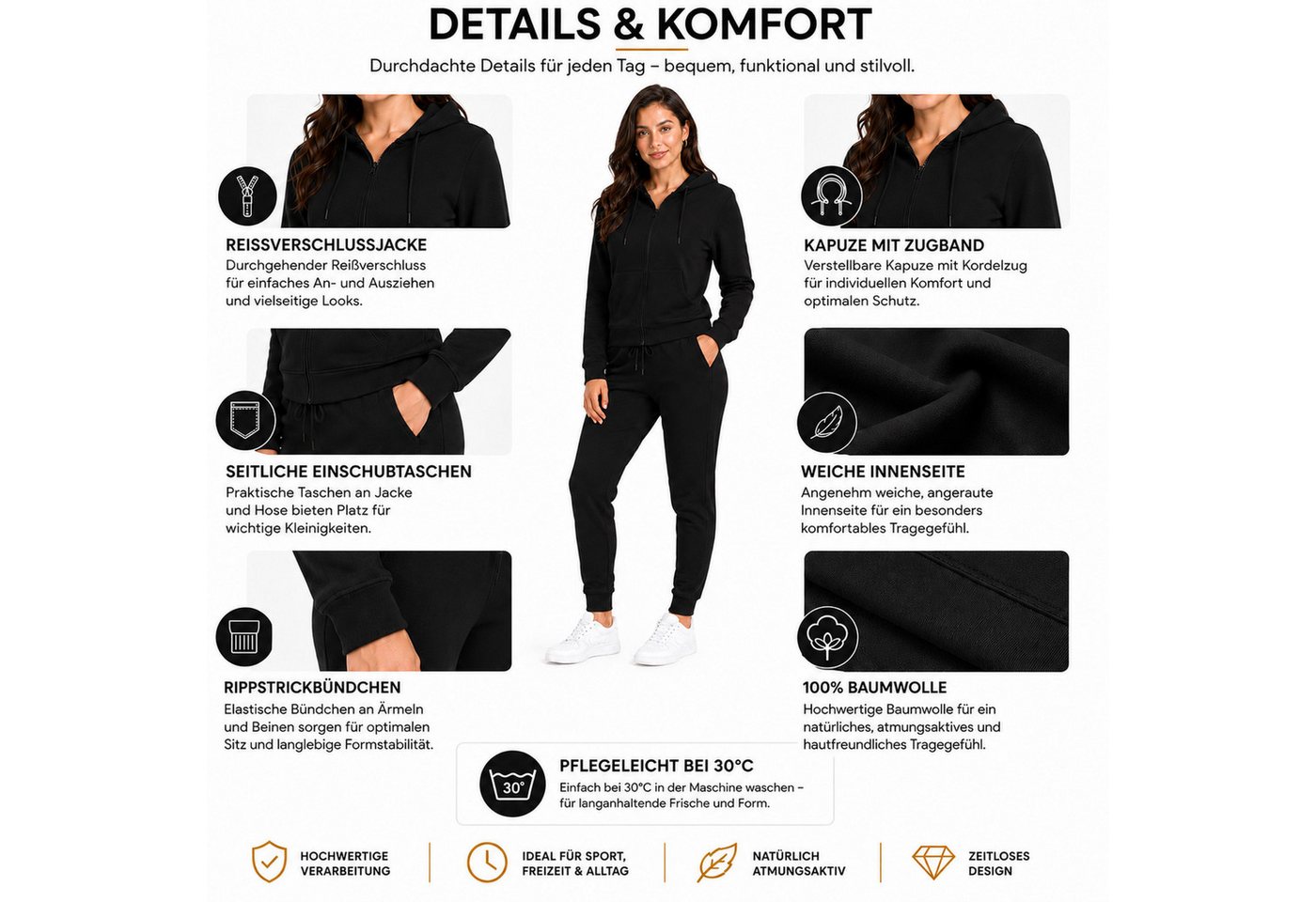 L.gonline Freizeitanzug Damen Jogginganzug einfarbig 100% Baumwolle 586 Lila XXL (Kapuzenjacke mit Reißverschluss, Hose, 2-tlg), Fitness Freizeit Casual Bild 3