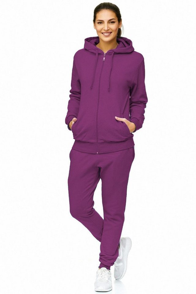 L.gonline Freizeitanzug Damen Jogginganzug einfarbig 100% Baumwolle 586 Lila XXL (Kapuzenjacke mit Reißverschluss, Hose, 2-tlg), Fitness Freizeit Casual Bild 4