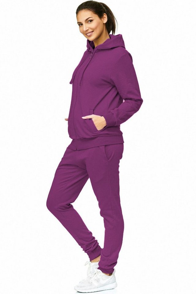 L.gonline Freizeitanzug Damen Jogginganzug einfarbig 100% Baumwolle 586 Lila XXL (Kapuzenjacke mit Reißverschluss, Hose, 2-tlg), Fitness Freizeit Casual Bild 5