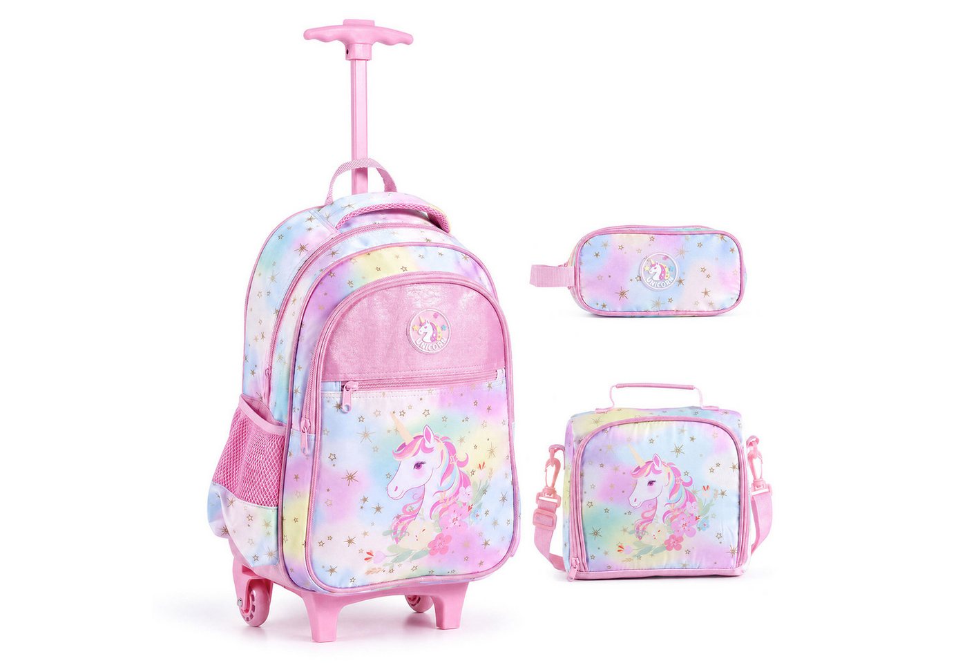 COSTWAY Kinderkoffer 3-teiliges Rollrucksack Set, 2 Rollen, Schulrucksack