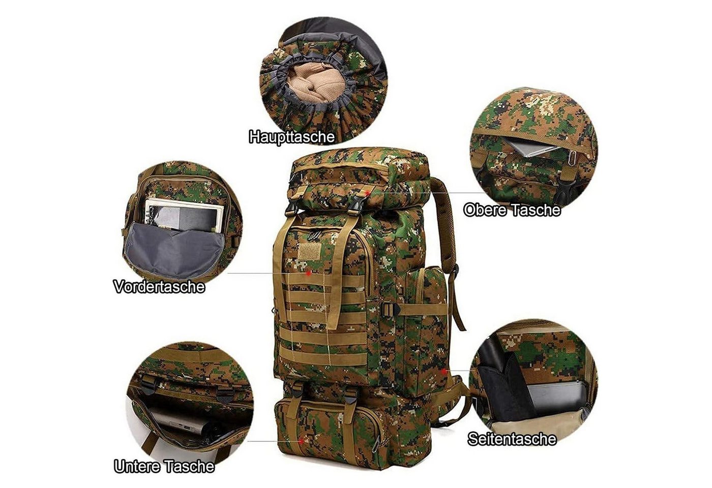 LuxusKollektion Wanderrucksack Rucksack 60L 80L Wasserdicht Wanderrucksack Herren Jungle Camouflage