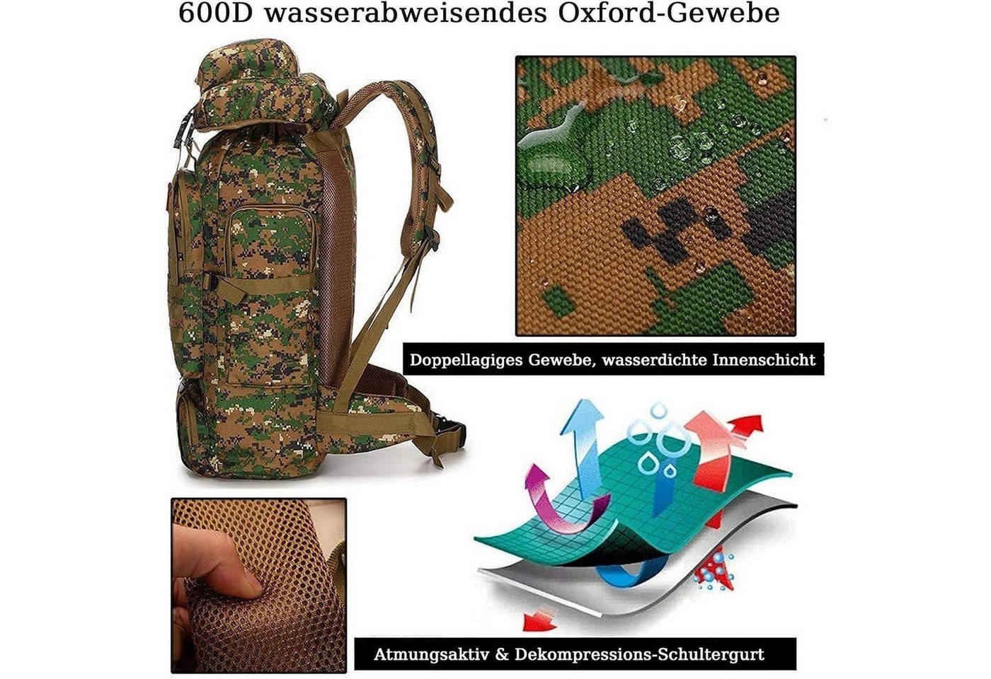 LuxusKollektion Wanderrucksack Rucksack 60L 80L Wasserdicht Wanderrucksack Herren Jungle Camouflage Bild 4