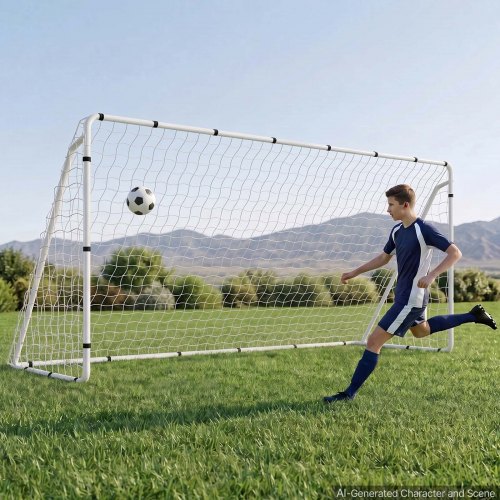 VEVOR Fußballtor 3,7 x 1,8 m Tragbares Soccertor mit Eisenrohrrahmen Weiß, für Gärten Parks Schulen und Schulsportplätze, mit PE-Netz für über 110 km/h, Bodenankern, Befestigungsbändern und Anleitung