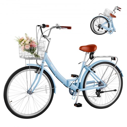 VEVOR Damenfahrrad 26 Zoll 7-Gang Cruiser-Fahrrad Citybike Hellblau Faltbar, für Stadt Strand Einkauf und Reisen, mit Tiefem Einstieg, Faltbarem Frontkorb, Gepäckträger bis 50 kg und Doppel-V-Bremse