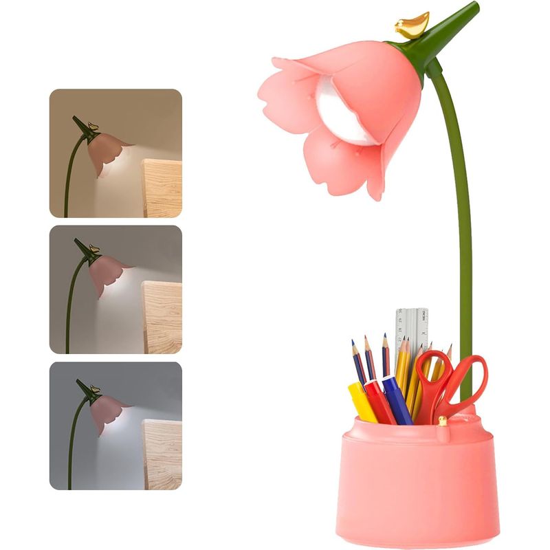 Dimmbare Led-schreibtischlampe Mit Stifthalter: Berührungssensor Und Flexibler Arm, Usb-aufladbar, 3 Farbtemperaturen, Zum Lernen Und Lesen Für Schüler (pink)