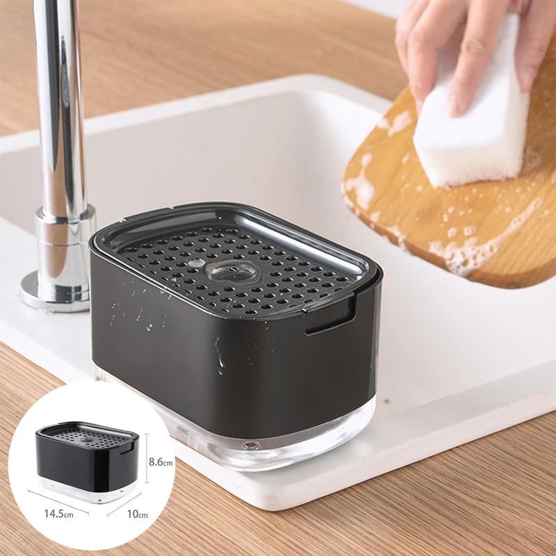 2-in-1 Seifenspender, Seifenspender Mit Pumpfunktion Und Schwammhalter, Nachfüllbarer Reinigungsmittelspender (schwarz)