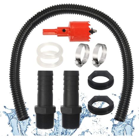 Regenwassertank-anschlussset, 2 X 1"-regenwassertankauslässe Mit 100 Cm Schlauchanschluss, 25 Mm Anschlussschlauch Und Lochöffner, 2 Schlauchschellen