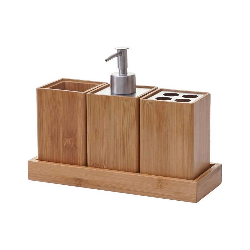 4-teiliges Badezimmer-accessoire-set: Zahnbürstenhalter, Seifenspender Aus Bambus