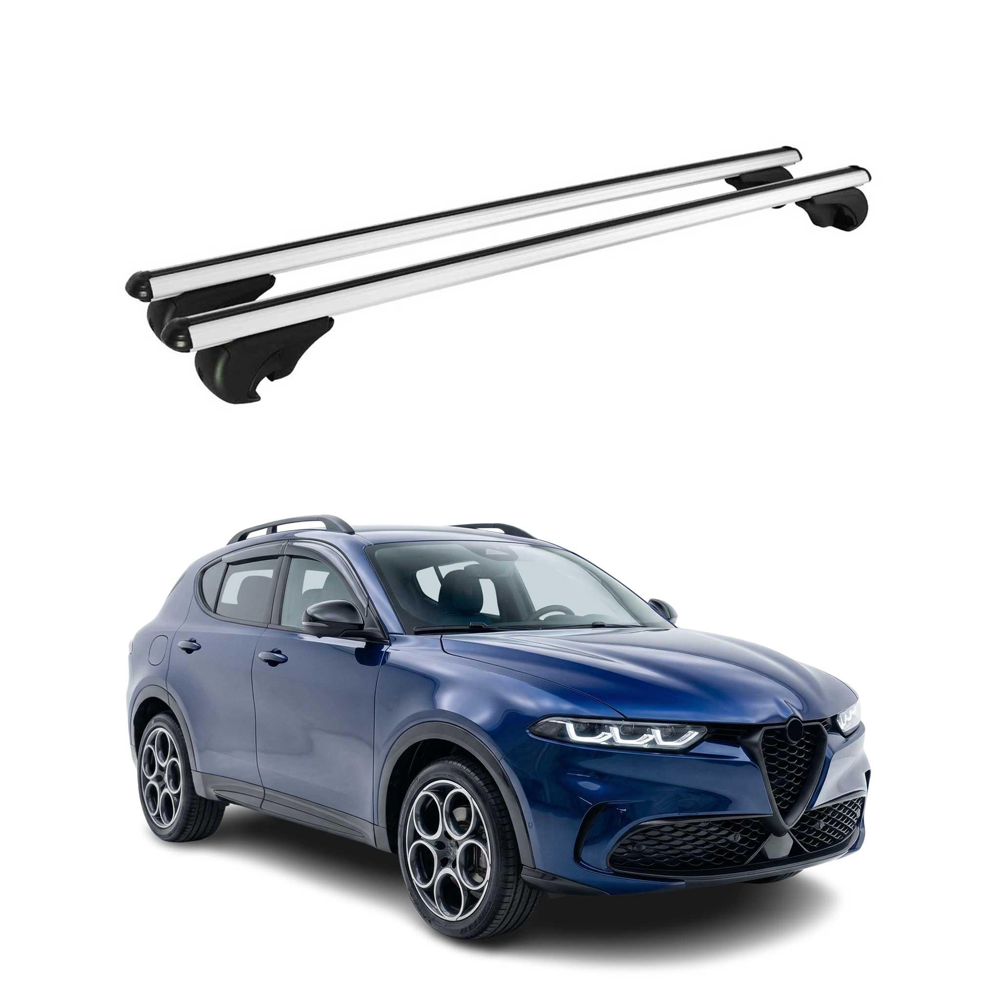Omac Aluminium Dachträger Querträger Für Alfa Romeo Tonale 2022-2026 – Tüv / Din 75302:2019 – Abschließbar – Max. 75 Kg – 2 Stangen Silber