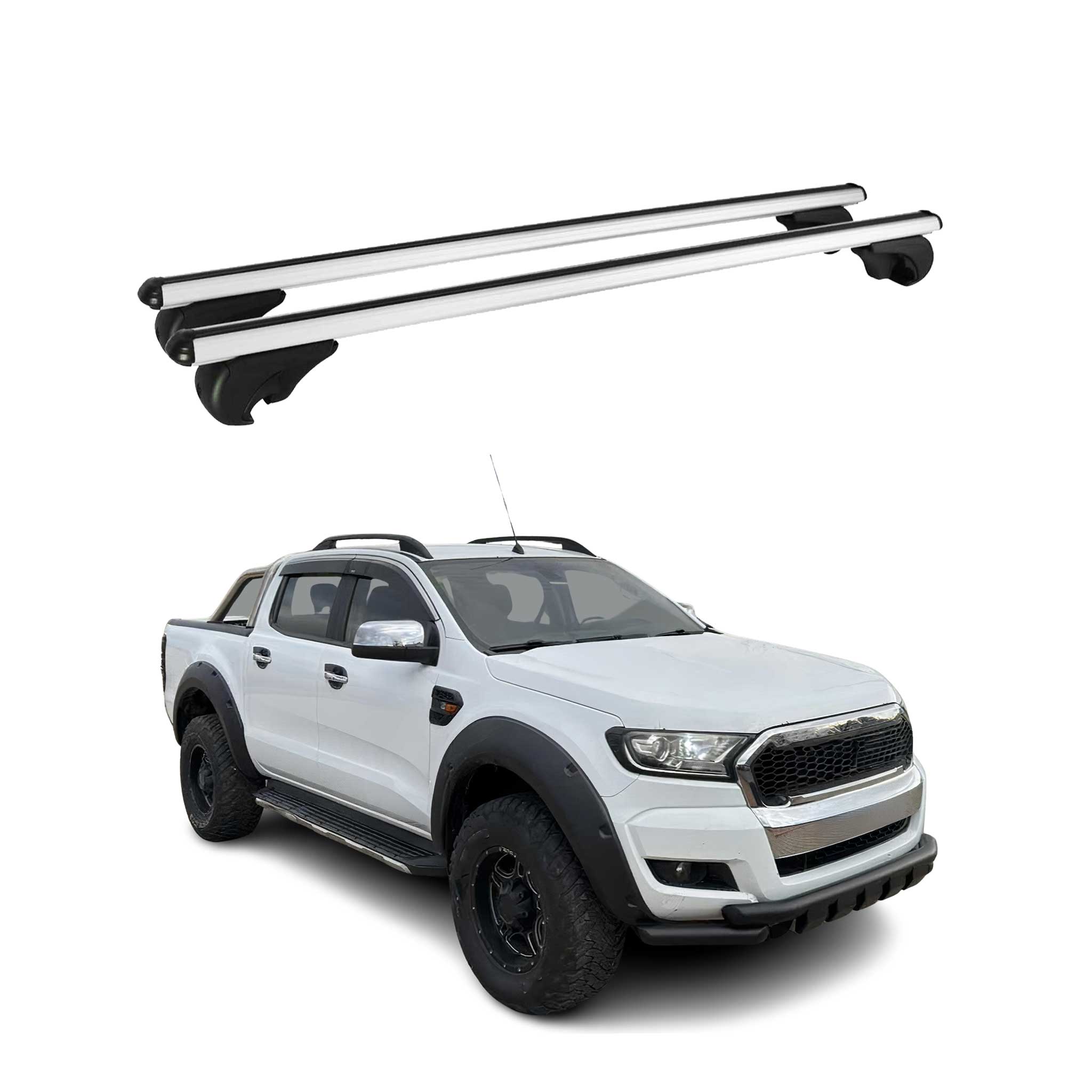Omac Aluminium Dachträger Querträger Für Ford Ranger T6 2011-2022 Doublecab – Tüv / Din 75302:2019 – Abschließbar – Max. 75 Kg – 2 Stangen Silber