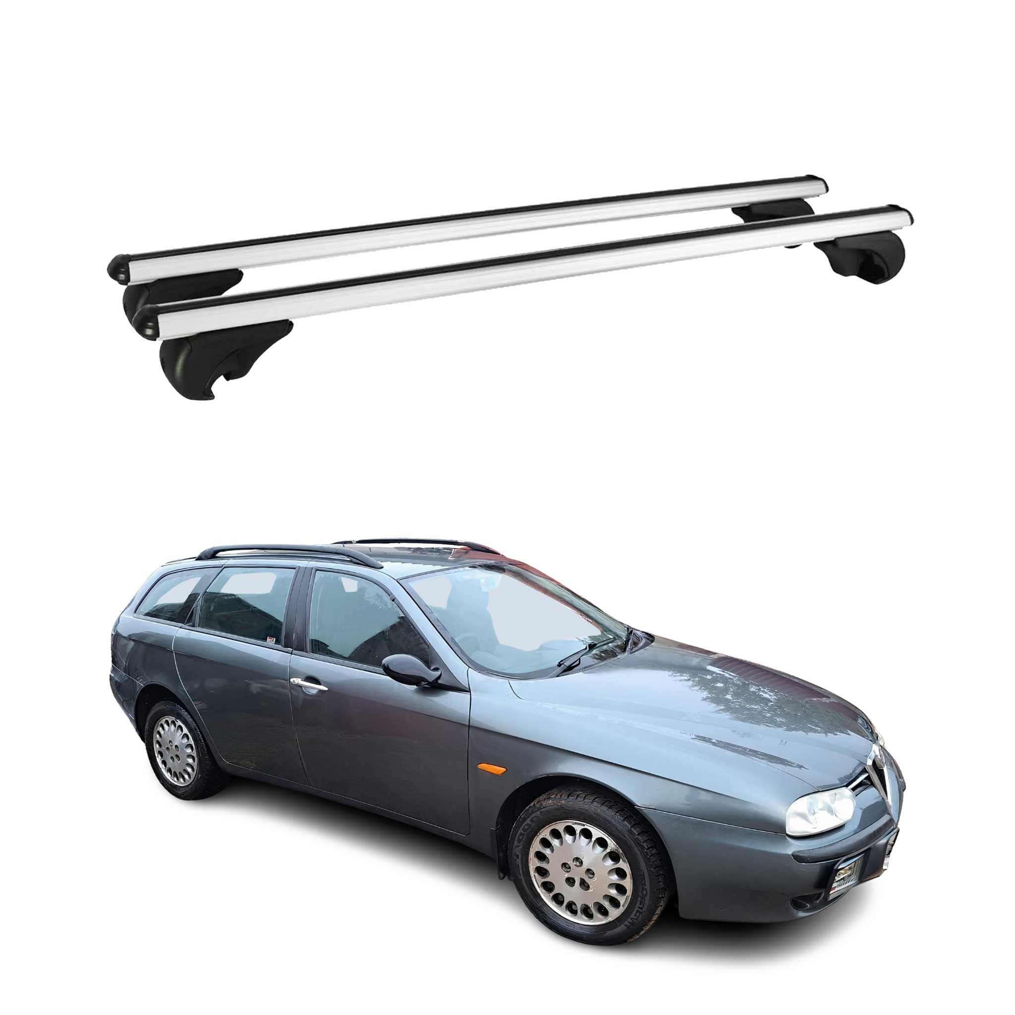 Omac Aluminium Dachträger Querträger Für Alfa Romeo 156 Crosswagon / Sportwagon 2004-2007 – Tüv / Din 75302:2019 – Abschließbar – Max. 75 Kg – 2 Stangen Silber