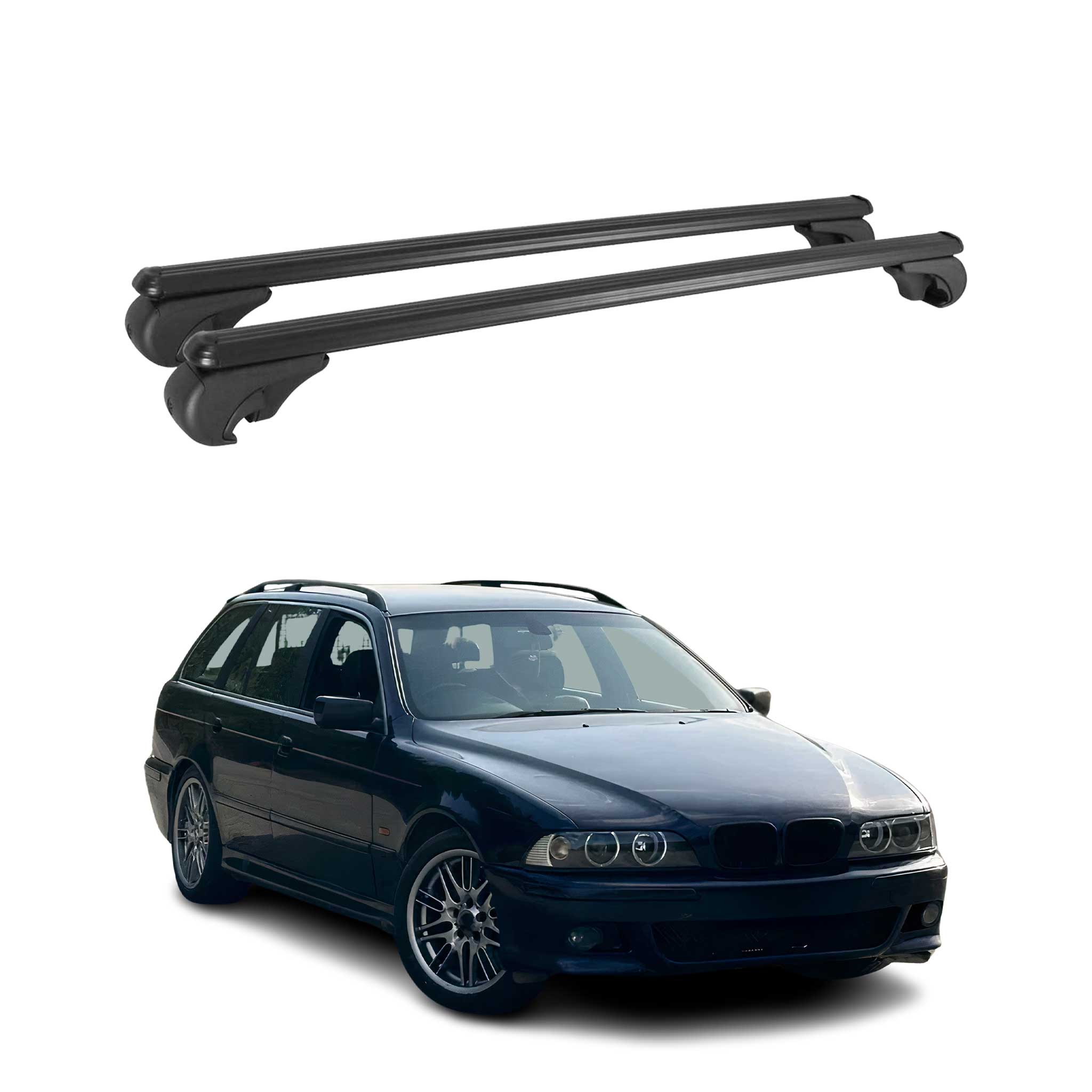 Omac Aluminium Dachträger Querträger Für Bmw 5er E39 Touring 1997-2004 – Tüv / Din 75302:2019 – Abschließbar – Max. 75 Kg – 2 Stangen Schwarz