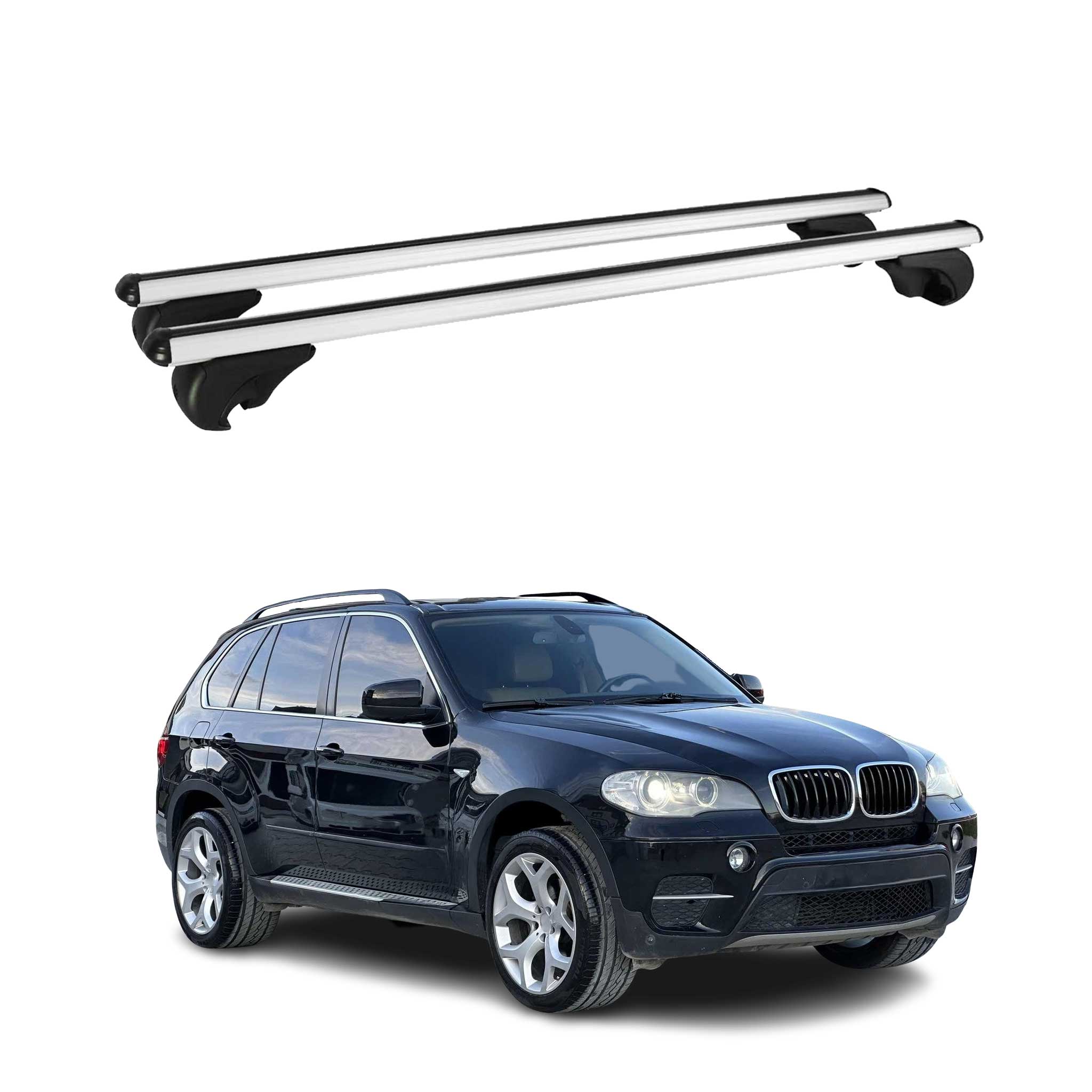 Omac Aluminium Dachträger Querträger Für Bmw X5 E70 2006-2013 – Tüv / Din 75302:2019 – Abschließbar – Max. 75 Kg – 2 Stangen Silber