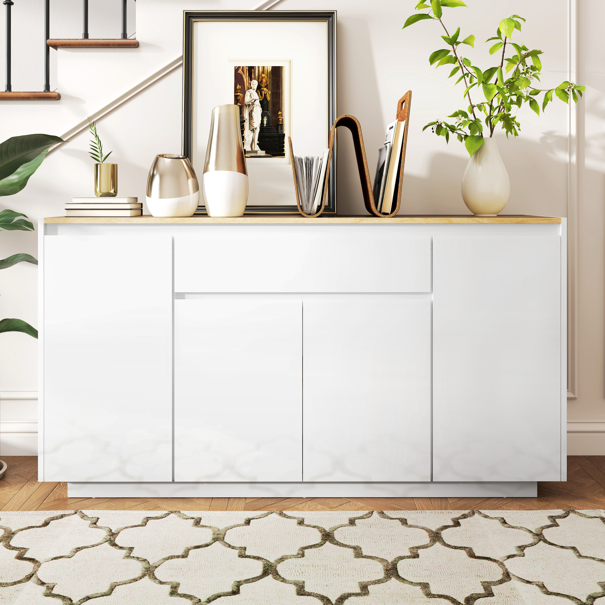 Küchen-sideboard Mit 3 Schränken Und 4 Türen, Moderner Küchenschrank Mit Schublade, Verstellbarem Einlegeboden Und Soft-close-türen, Sideboard Aus Mdf-holz Für Wohn- Und Esszimmer, 140 X 40 X 75 Cm, W