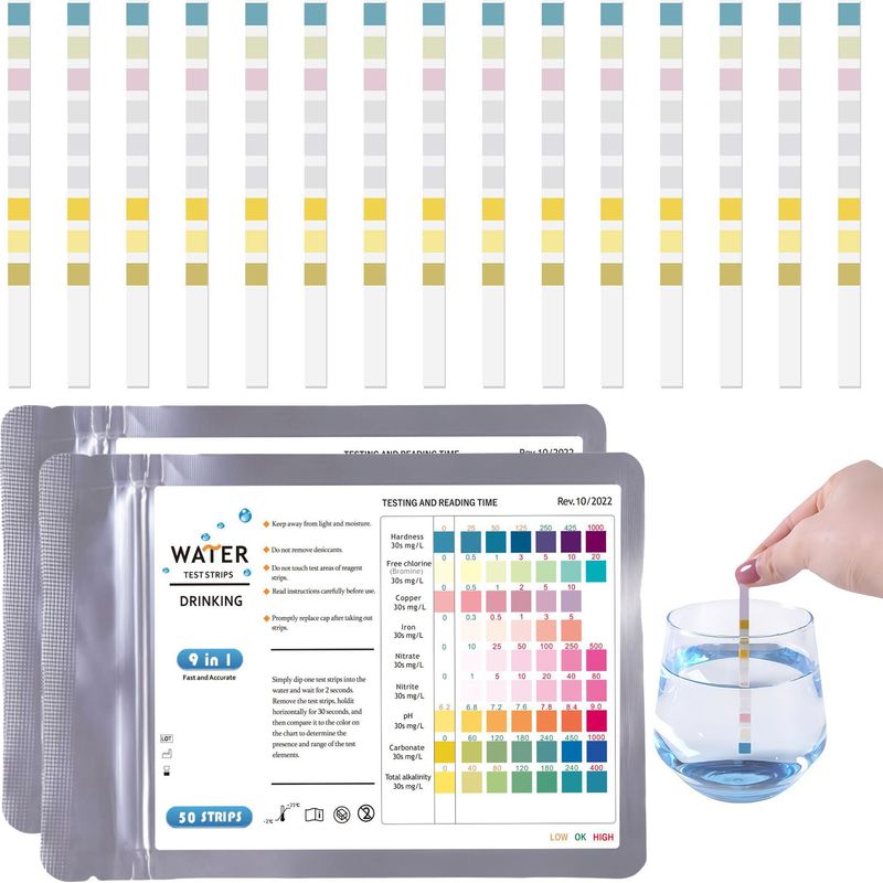 100 9-in-1-wasserteststreifen, Wasseranalyse-sets Für Trinkwasser: Freies Chlor, Gesamtchlor, Ph-wert, Wasserhärte