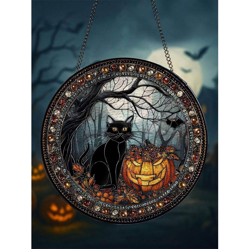 Buntglas-sonnenfänger Mit Schwarzer Katze, Halloween-dekoration Mit Kürbis Und Hexe, 9 Cm