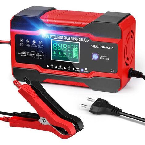 10a 12v/24v Autobatterieladegerät, Intelligentes Ladegerät Für Autos Und Motorräder Mit Touchscreen-lcd Und 5 Automatischen Reparaturmodi, Rot