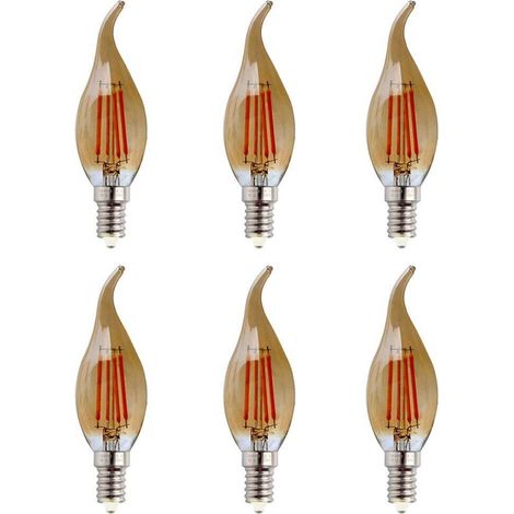 E14 Led-lampe, Kerzenform, Glühfaden, 4 W (entspricht 40 W Halogen), Warmweiß 2700 K, 600 Lm, Flammenbirne, Klassische Kerzenbirne, E14 Vintage-led, Bernsteinfarbenes Glas, Nicht Dimmbar, 6er-pack [en