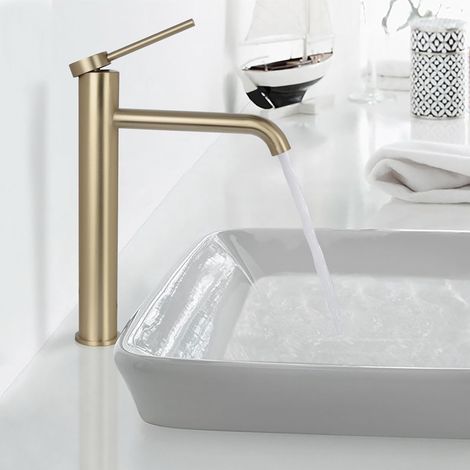 Edelstahl-waschtischarmatur Mit Hohem Auslauf, Warm- Und Kaltwasser-mischbatterie, Gebürstetes Gold Ptmp01lg