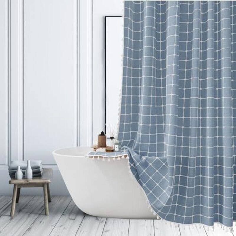Blauer Duschvorhang Im Boho-stil Für Moderne, Minimalistische Badezimmer Im Landhausstil, Schwerer Leinenstoff Mit Quasten, 180 X 180 Cm