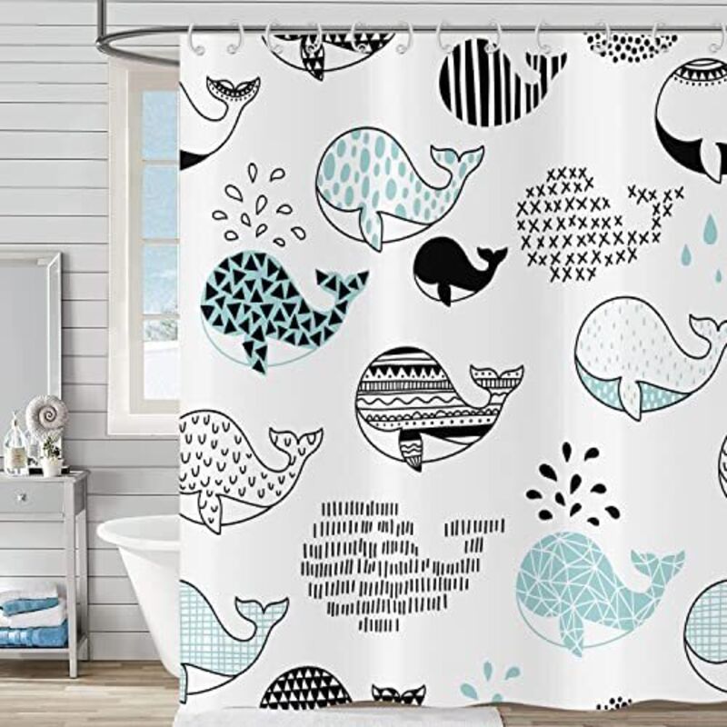 Lustiger Duschvorhang 150x180 Cm, Niedliches Wal- Und Meerestiermotiv, Abstrakt, Schwarz-blau, Fisch, Wasserdicht, Aus Polyester, Waschbar, Für Kinderbadezimmer