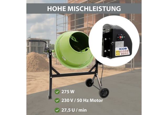 TRUTZHOLM Betonmischer 70L Fassungsvermögen 230V 275W 27,5 U min Zahnräder aus Guss