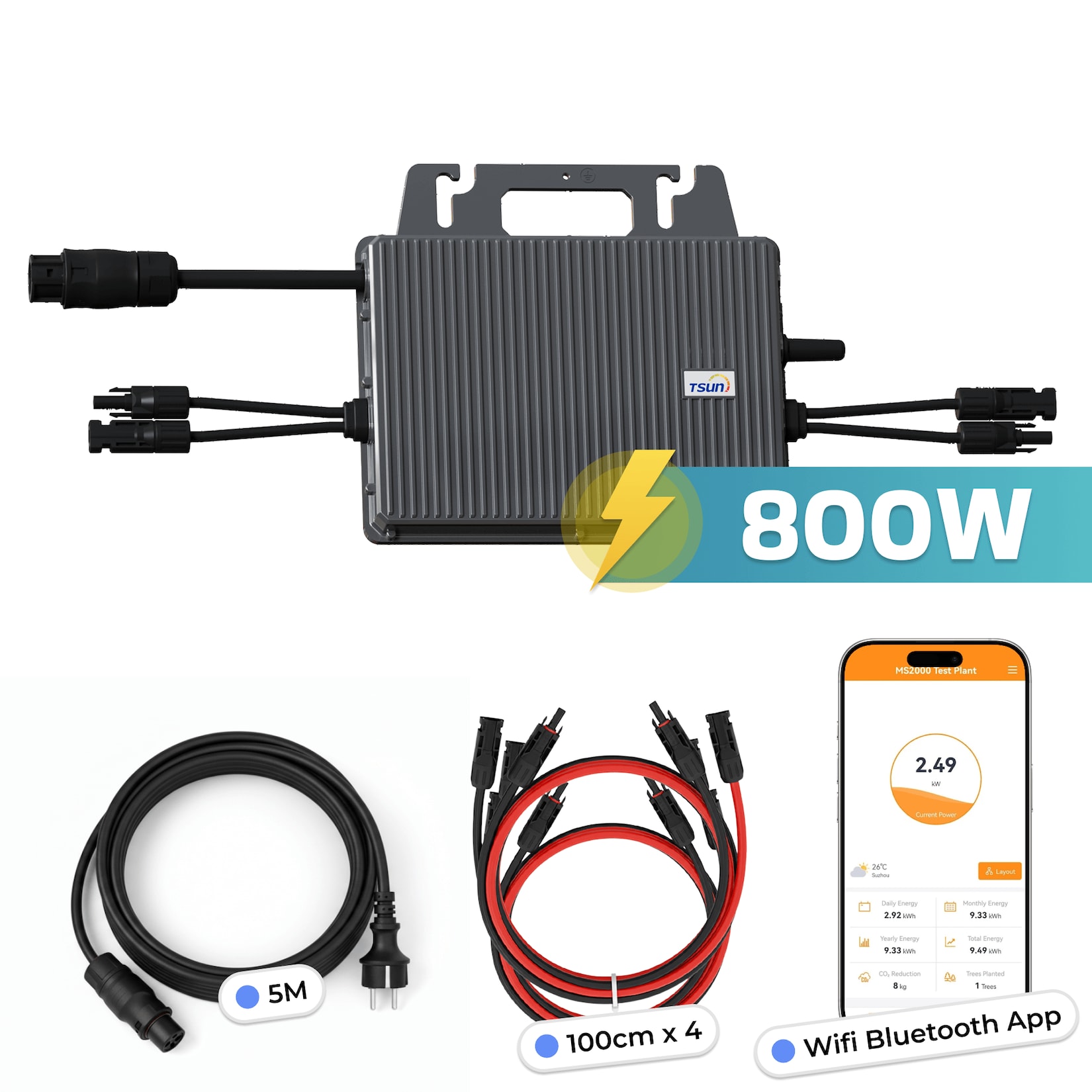 TSUN Mikro-Wechselrichter 800 W TSOL-MS800 für Balkonkraftwerk 2 MPPT mit WIFI inkl. 5 m Anschlusskabel & 4x 1m Solar-Verlängerungen Micro Inverter