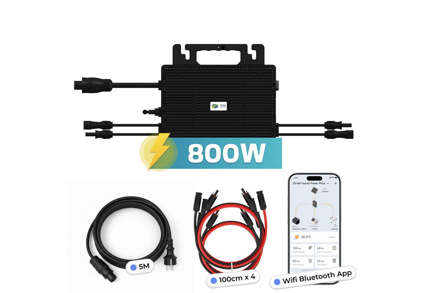 ASTRO Energy Mikro-Wechselrichter 800W TM-L800Mi für Balkonkraftwerk 2MPPT mit WIFI inkl.5m Anschlusskabel & 4x1m Solar-Verlängerungen Micro Inverter Bild 2