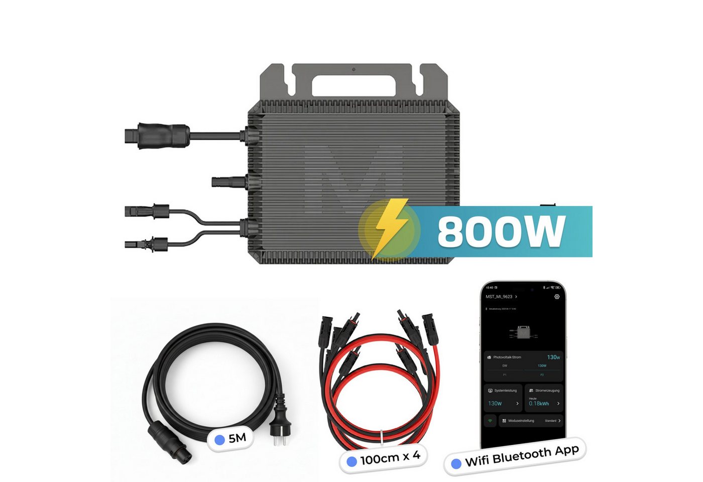 MARSTEK Mikro-Wechselrichter 800 W MST-MI0800 für Balkonkraftwerk 2 MPPT mit WIFI inkl. 5m Anschlusskabel & 4x 1m Solar-Verlängerungen Micro Inverter Bild 5