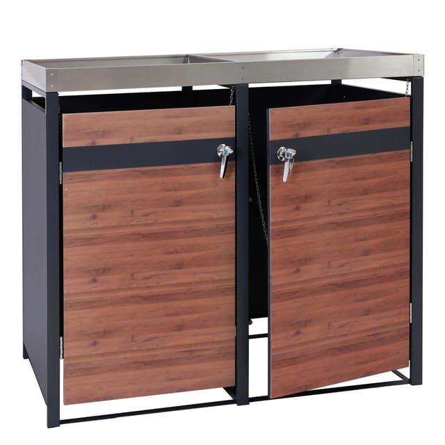 PROREGAL Mülltonnenbox 2er Mit Pflanzkasten 125x132x80cm Anthrazit Kirsche-Holzoptik Dunkelbraun Erweiterbar