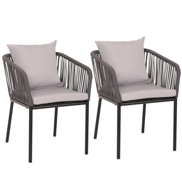 PROREGAL Gartenstuhl 2er-Set 75x55x55cm Sitzhöhe 48cm Wetterfest Aluminium Seilgeflecht Rope Anthrazit Kissen Grau Outdoor Armlehne
