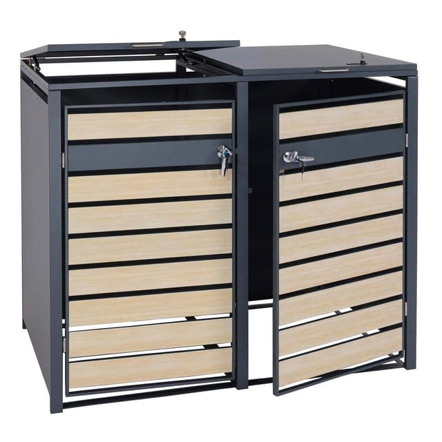 PROREGAL Mülltonnenbox 2er XL 117x142x98cm Metall 59kg Anthrazit Buche-Holzoptik Hellbraun
