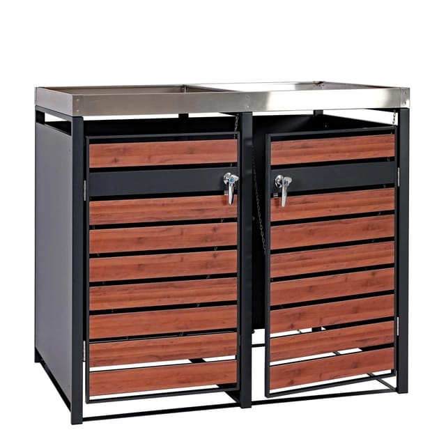 PROREGAL Mülltonnenbox 2er Mit Pflanzkasten 125x132x80cm Anthrazit Kirsche-Holzoptik Erweiterbar