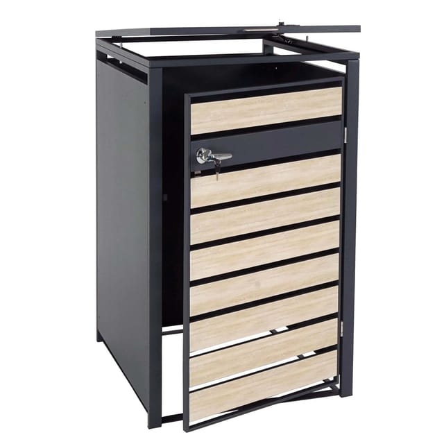 PROREGAL Mülltonnenbox 1er XL 117x73x98cm Metall 36kg Anthrazit Buche-Holzoptik Hellbraun