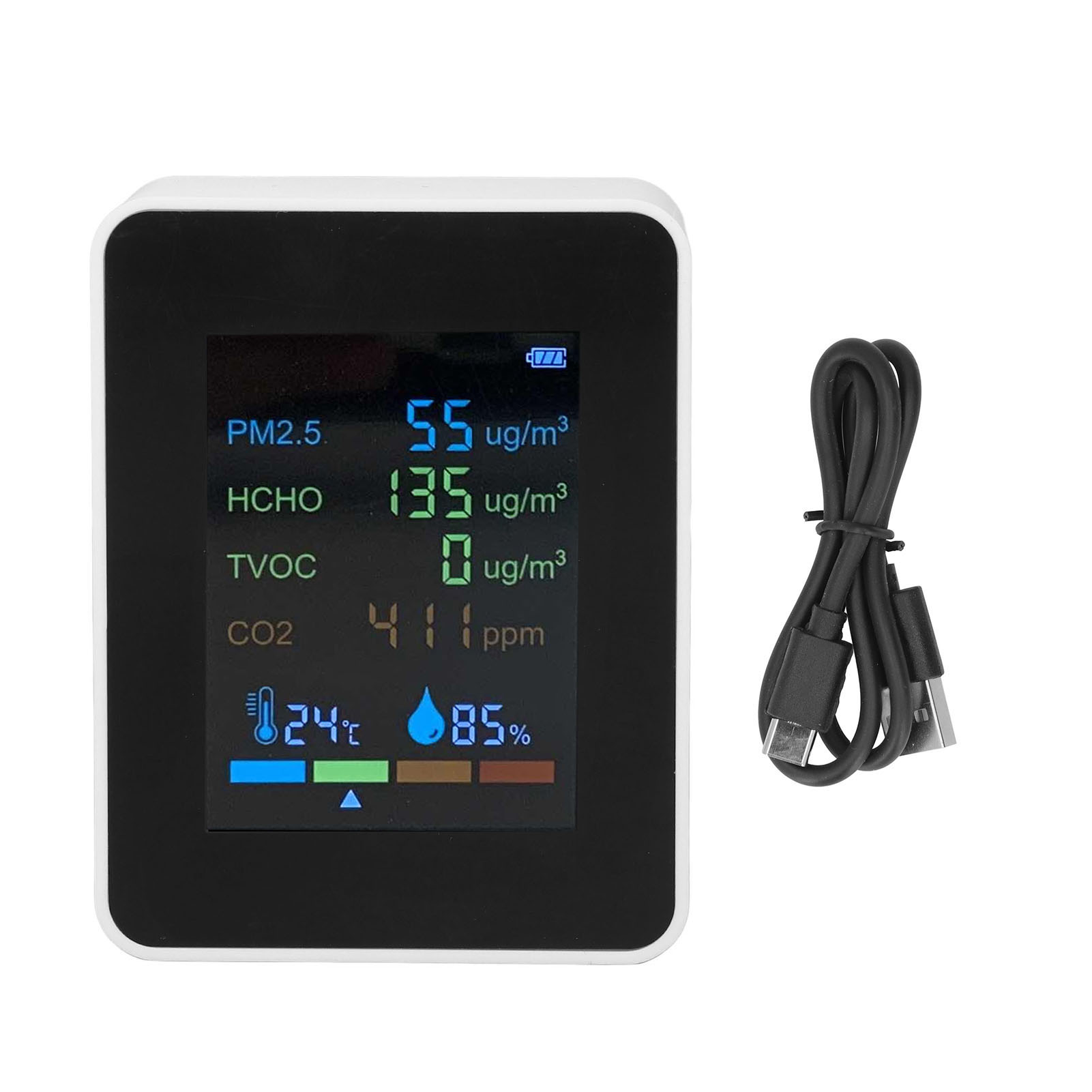 6-in-1-luftqualitätsmessgerät Mit Messung Von Co₂, Temperatur, Pm2,5, Tvoc Und Hcho – Usb-aufladbar – Weiß
