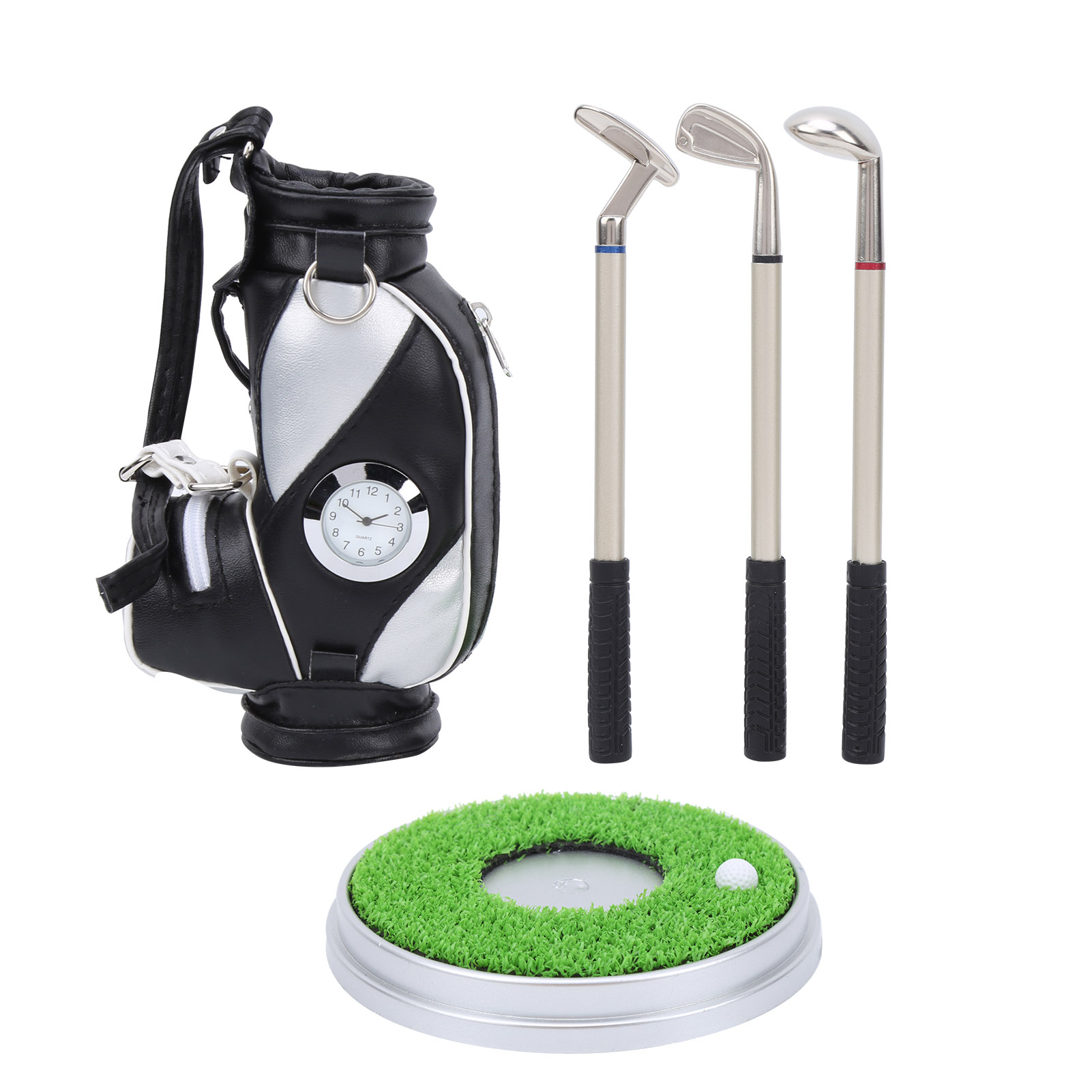 Golf-schreibset Fürs Büro Mit 3 Kugelschreibern, Mini-etui Aus Zinklegierung Und Ständer – Schwarz/silber