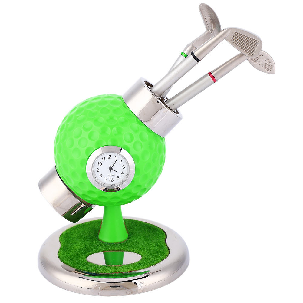 Golfball-stiftehalter Mit Uhr Und 3 Stiften – Grüner Stiftehalter Für Büro/arbeitszimmer