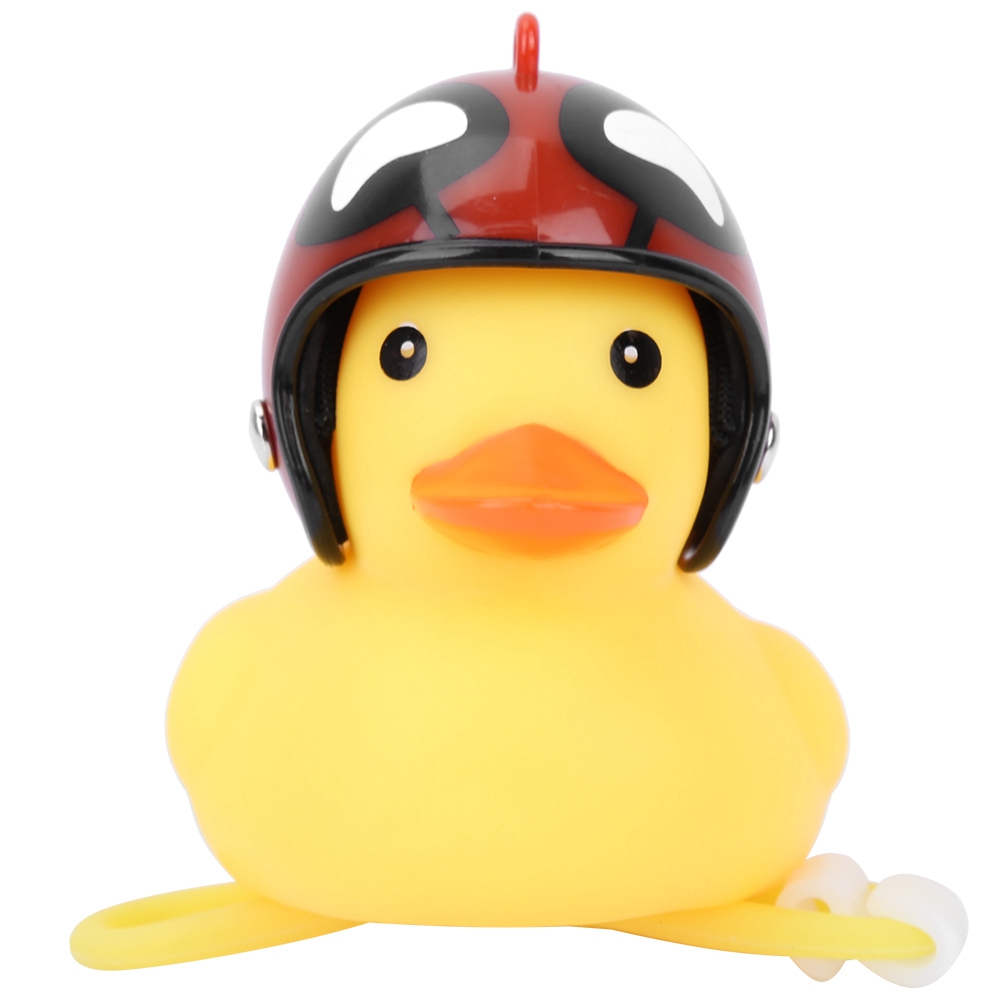 Niedliche Gelbe Ente Mit Helm Als Dekoration Für Rote Fahrräder Oder Motorräder