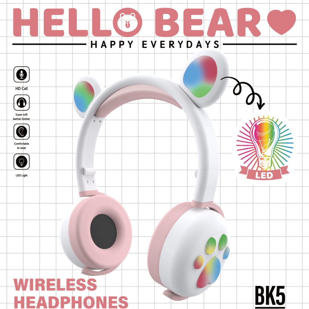 Niedliche Bluetooth-kopfhörer In Bärenform, Kabelloses Audio-headset Mit Mehrfarbigen Led-ohrhörern Und Süßem Pfoten-design.