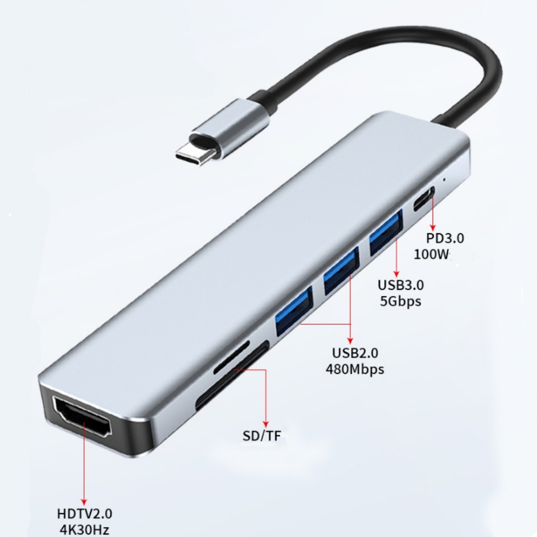 Hubb 7-in-1 Typ-c: Anschlüsse Hdmi, Usb 3.0, Usb 2.0, Pd Und Sd/tf